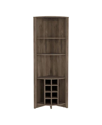 Giza Corner Bar Cabinet, Three Shelves, Eight Built-in Wine Rack, Two Side Shelves, Dark Brown