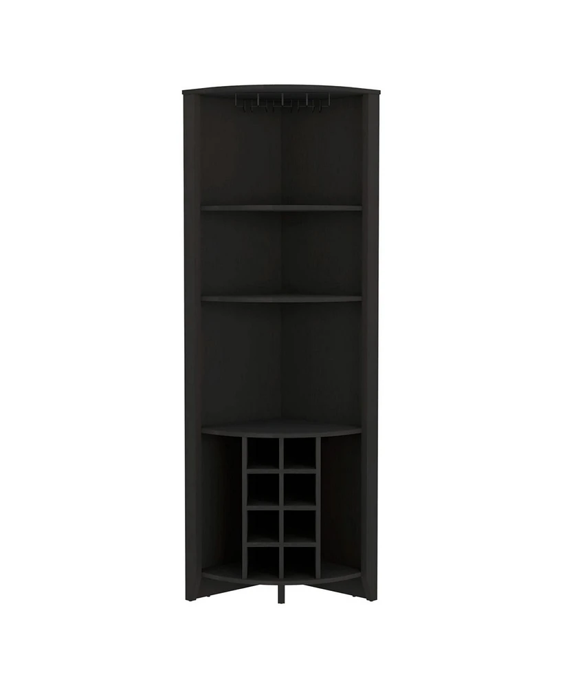 Depot E-Shop Giza Corner Bar Cabinet, Three Shelves, Eight Built-in Wine Rack, Two Side Dark Brown