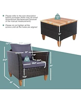 Costway 3 Pcs Patio Rattan Furniture Set Cushioned Sofa Storage Table with Wood Top