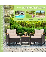 Costway 3PCS Patio Rattan Furniture Set Wooden Armrest Table Top Cushioned Deck