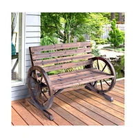 Slickblue Rustic 2-Person Wooden Wagon Wheel Bench with Backrest