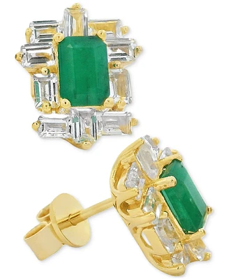 Emerald (1 ct. t.w.) & White Topaz (2 Baguette Halo Stud Earrings 14k Gold-Plated Sterling Silver (Also Ruby Sapphire)