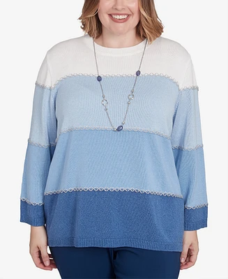 Alfred Dunner Plus Lake Victoria Ombre Colorblock Sweater with Necklace