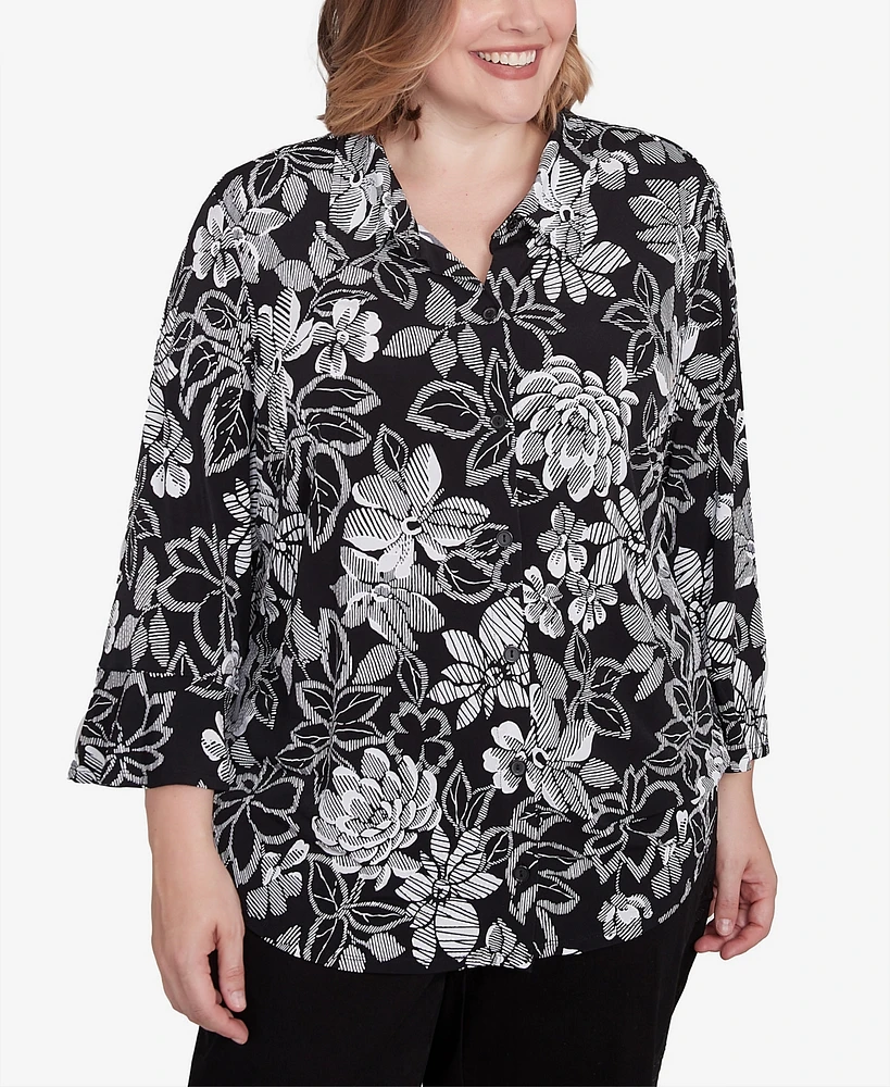 Alfred Dunner Plus Wild at Heart Floral Puff Print Button Down Top