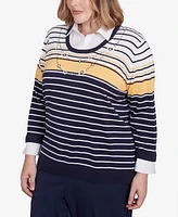 Alfred Dunner Plus Block Island Striped Two One Collared Sweater with Necklace