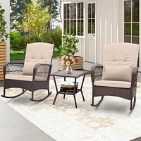 Costway Patio 3PCS Rocking Wicker Bistro Set 2 Rocker Chairs Tempered Glass Side Table