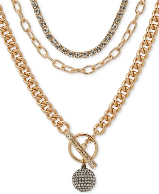 Karl Lagerfeld Paris Two-Tone Crystal Disco Ball Three Chain Layered Necklace, 16" + 3" extender