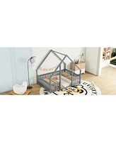 Streamdale Furniture Full Wood House-Shaped Floor Bed with Fence, Guardrails, Grey