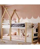 Streamdale Furniture Twin Over Twin House Bunk Bed With White Storage Staircase And Blackboard, White And Natural