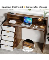 Tribesigns Computer Desk with 5 Drawers, 47-Inch Home Office Desk with Monitor Stand and Printer Space, Modern Ergonomic Pc Study Writing Table for Be