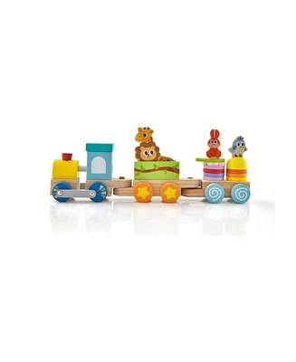 Gouun Wooden Stackable Educational Train Set with Colorful Animal Toys and Retractable Locomotive