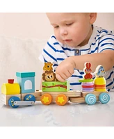 Gouun Wooden Stackable Educational Train Set with Colorful Animal Toys and Retractable Locomotive