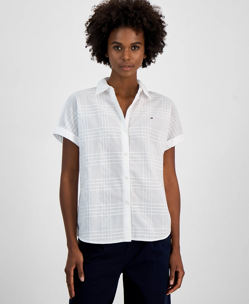 Tommy Hilfiger Women's Cotton Tonal-Plaid Short-Sleeve Camp Shirt