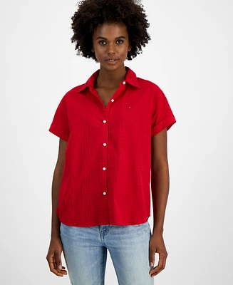 Tommy Hilfiger Women's Cotton Tonal-Plaid Short-Sleeve Camp Shirt