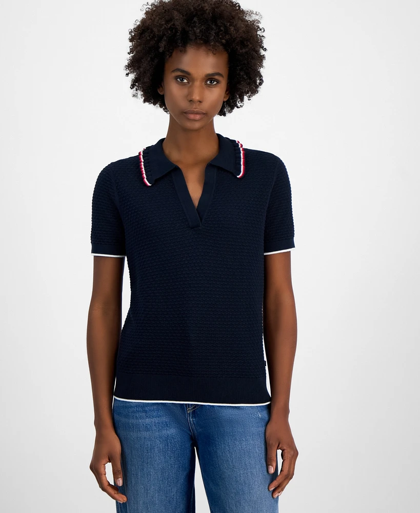 Tommy Hilfiger Women's Cotton Global-Tipped Short-Sleeve Polo Sweater