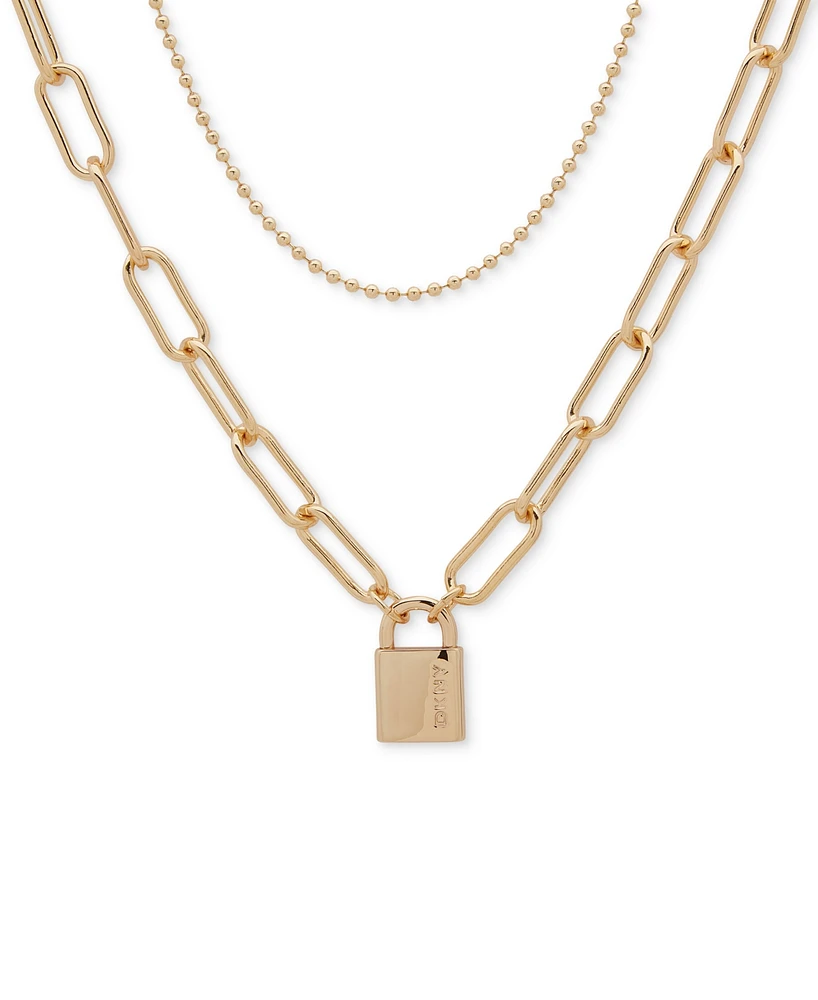 Dkny Gold-Tone Beaded Chain & Padlock Paperclip Link Chain Layered Necklace, 16" + 3" extender