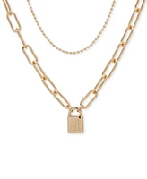 Dkny Gold-Tone Beaded Chain & Padlock Paperclip Link Chain Layered Necklace, 16" + 3" extender