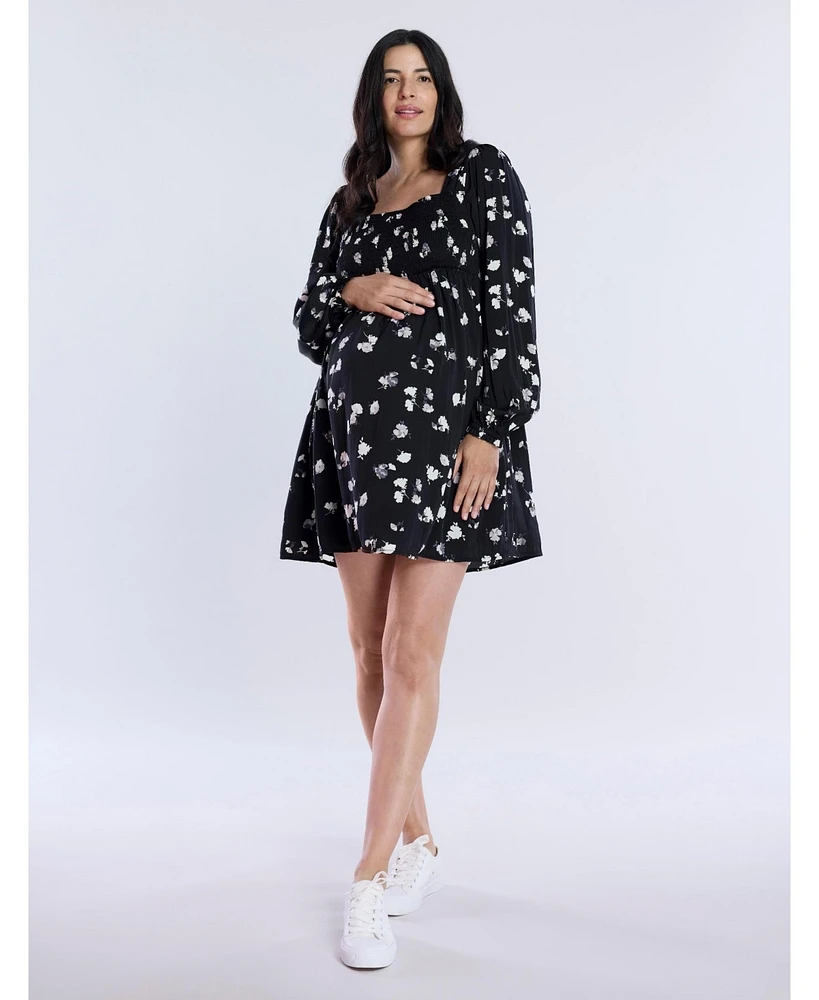 Women's Smocked Babydoll Long Sleeve Mini Dress - Motherhood Maternity