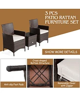 Sugift 3 Pieces Patio Cushioned Rattan Converstaion Set With Glass Table Top