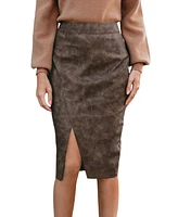 Cupshe Women's Grey Faux Leather Split Hem Midi Skirt