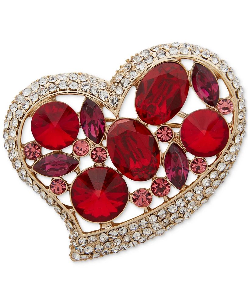 Anne Klein Gold-Tone Red Stone & Crystal Pave Mixed Cut Halo Heart Pin