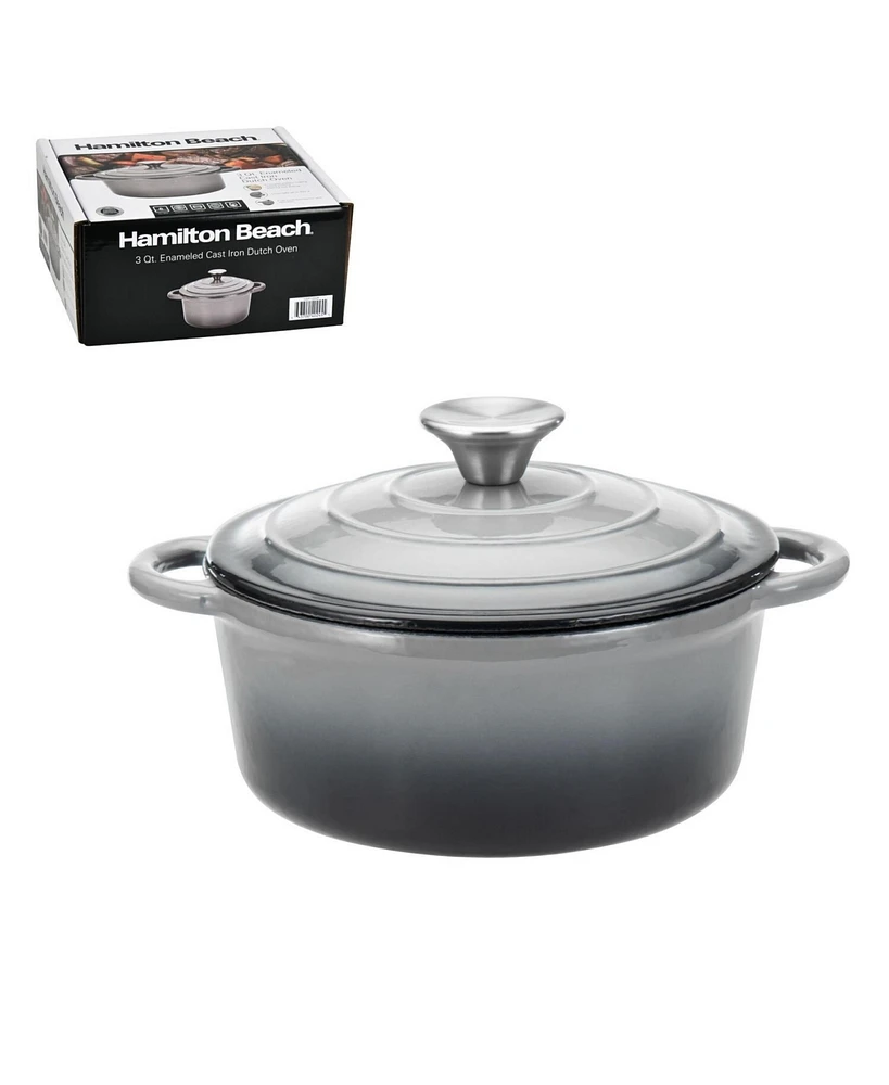 Hamilton Beach Enameled Cast Iron Dutch Oven Gray (3-Quart) | Cream Enamel Coating Pot with Lid Even Heat Distr