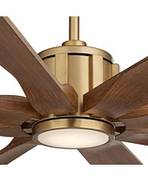 Possini Euro Design 60" Defender Modern Indoor Outdoor Ceiling Fan 8 Blade Led Light Remote Control Soft Brass Finish Motor Brown Koa Finish Blades Be