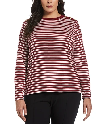 Rafaella Plus Candy Stripe Button Detail Long Sleeve Top