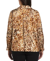 Rafaella Plus Animal Print Shine Satin Long Sleeve Blouse