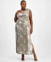 Connected Plus Metallic-Finish Draped Evening Gown