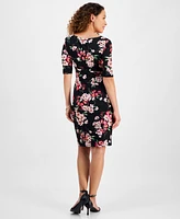 Connected Petite Ruched Side-Tab Elbow-Sleeve Dress