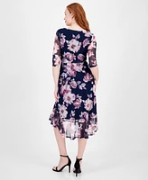 Connected Petites Floral-Print Ruffled 3/4-Sleeve Dress