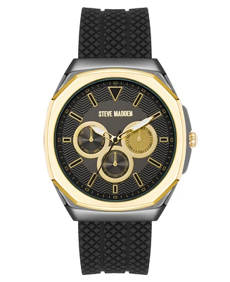 Steve Madden Men's Bold Black Textured Silicone and Gold-Tone Alloy Metal Watch, 46mm - Black/Gold