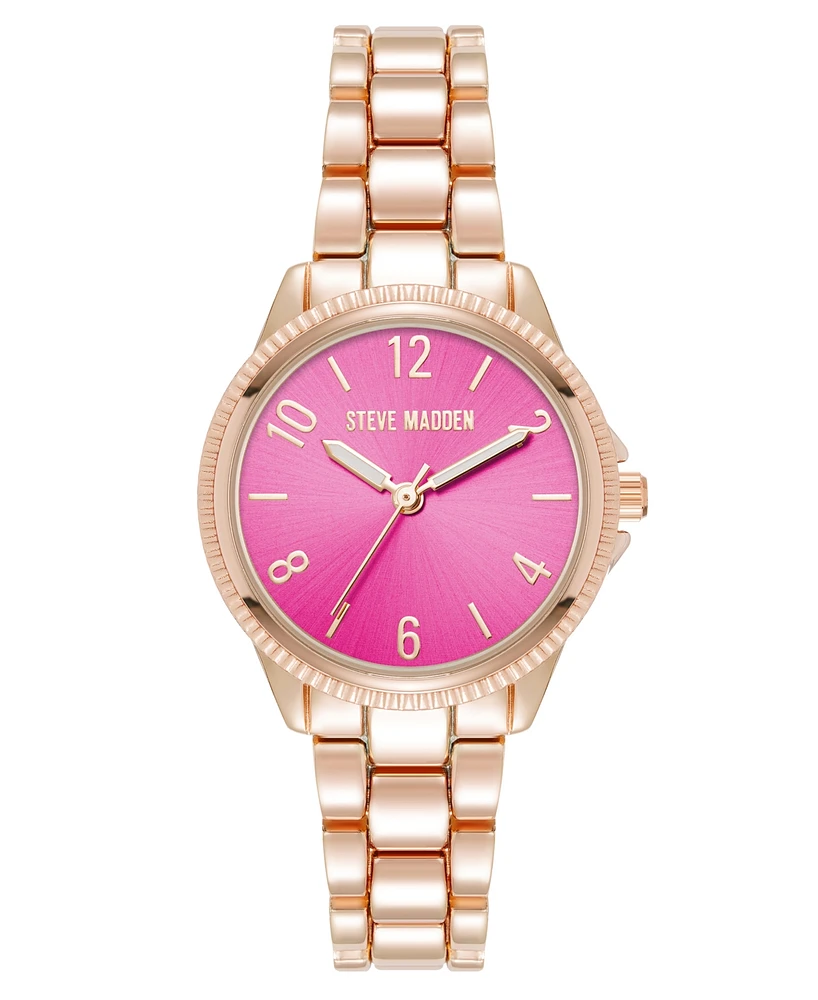 Steve Madden Women's Everyday Hot Pink and Rose Gold-Tone Alloy Metal Bracelet Watch, 30mm