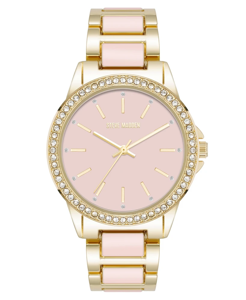 Steve Madden Women's Signature Pink Enamel and Gold-Tone Alloy Metal Bracelet Watch, 36mm