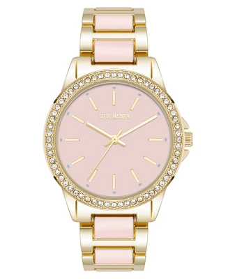 Steve Madden Women's Signature Pink Enamel and Gold-Tone Alloy Metal Bracelet Watch, 36mm