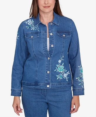 Alfred Dunner Women's Lake Victoria Floral Embroidered Denim Jacket