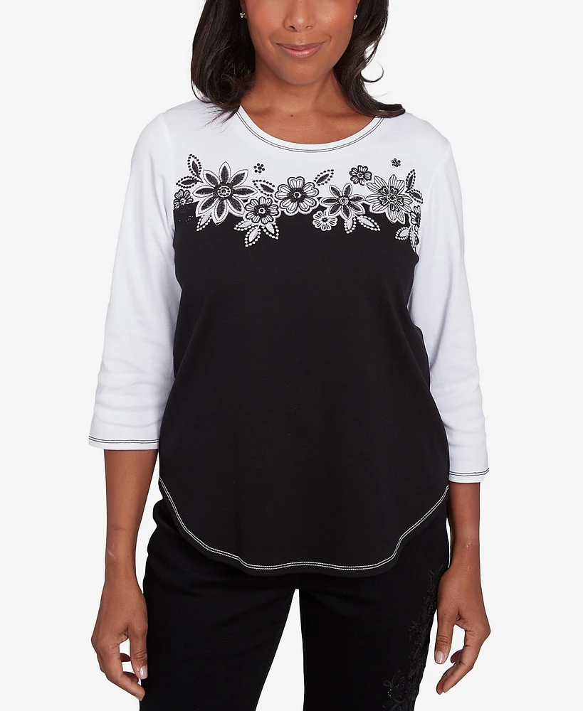 Alfred Dunner Women's Wild at Heart Spliced Floral Black and White Top