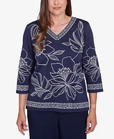 Alfred Dunner Women's Block Island Dynamic Floral Embroidered V Neck Top