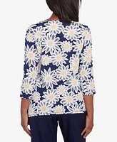 Alfred Dunner Women's Block Island Daisy Puff Print Top with Necklace