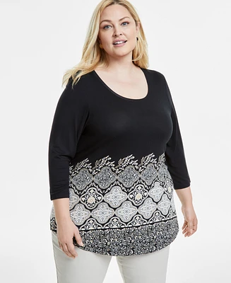 Jm Collection Plus Printed 3/4 Sleeve Top, Exclusively at Macy's