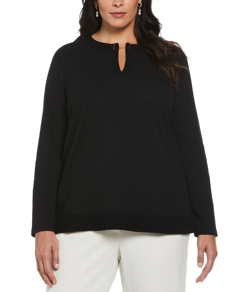 Rafaella Plus Split Neck Chain Detail Long Sleeve Top