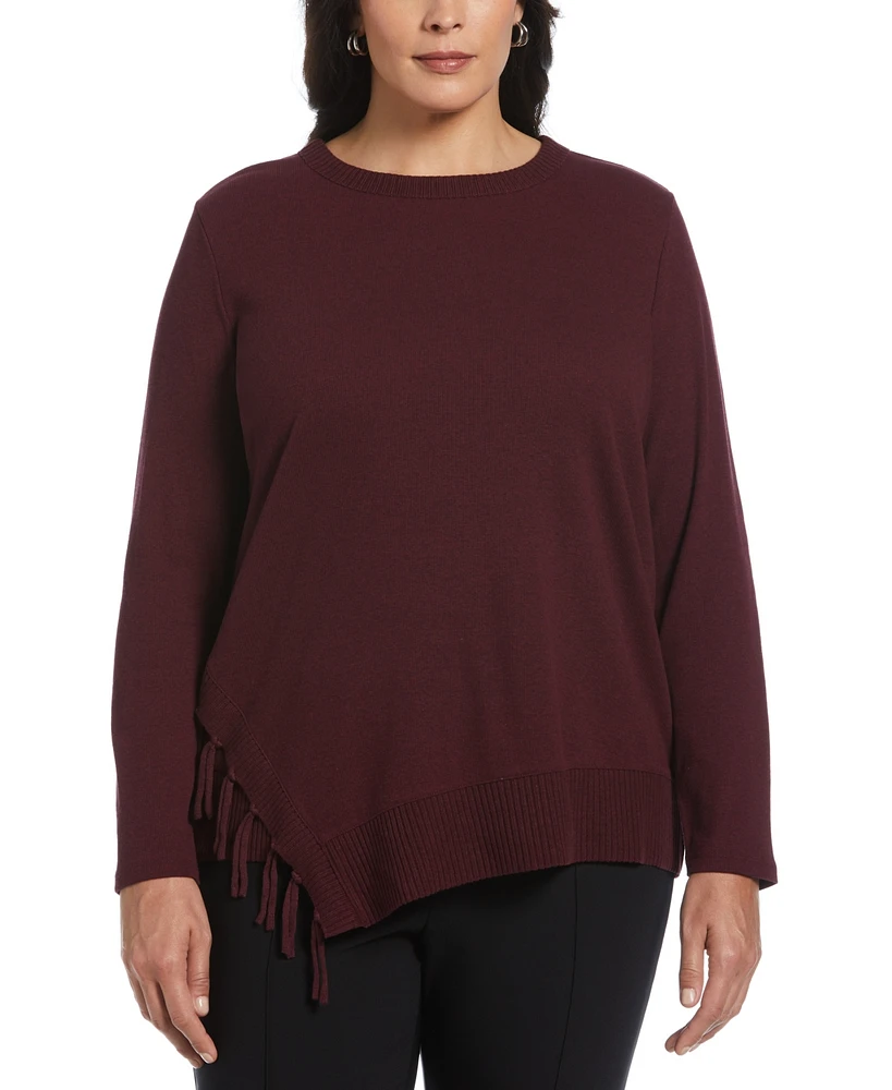 Rafaella Plus Ribbed Asymmetrical Fringe Hem Long Sleeve Top