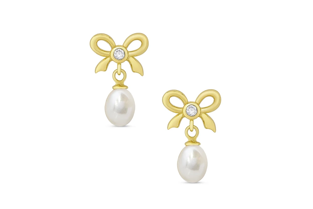 Lily Nily Girls Cz and Freshwater Pearl Bow Dangling Earrings