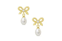 Lily Nily Girls Cz and Freshwater Pearl Bow Dangling Earrings