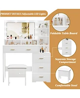 gaomon Vanity Desk with Mirror and Lights, Makeup Vanity with 5 Drawer, 3 Level Cabinets & 3 Tiers of Open Shelves