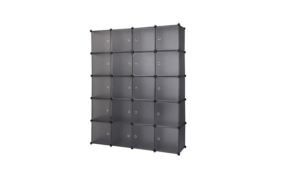 Slickblue 20-Cube Stackable Plastic Organizer Shelves, Multifunctional Modular Closet Cabinet with Hanging Rod in Grey