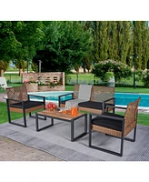 Slickblue 4-Piece Patio Furniture Set, Outdoor Acacia Wood Table with Modern Black & Light Brown Chairs for Balcony