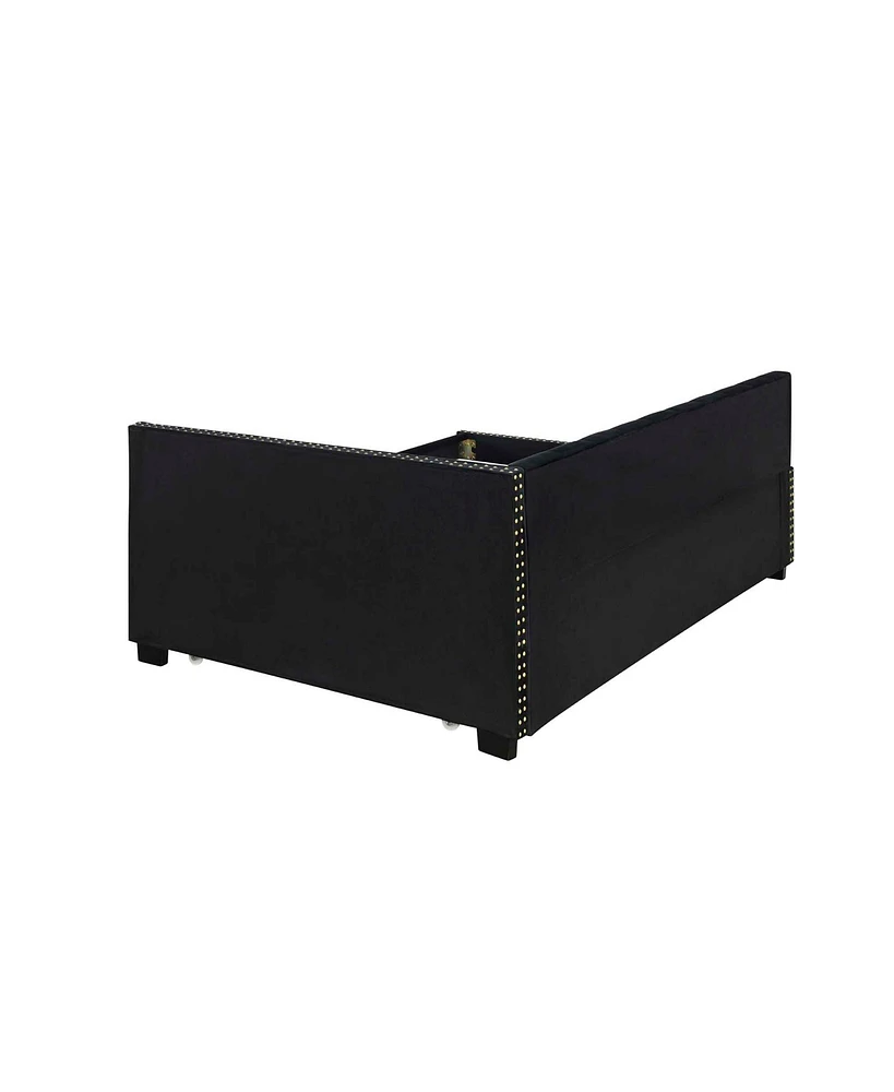 Streamdale Furniture Black Upholstered Twin Size Daybed Bed Frame (Corner Bed) With Trundle, Velvet Fabric, Studding Design, No Box Spring Required, F