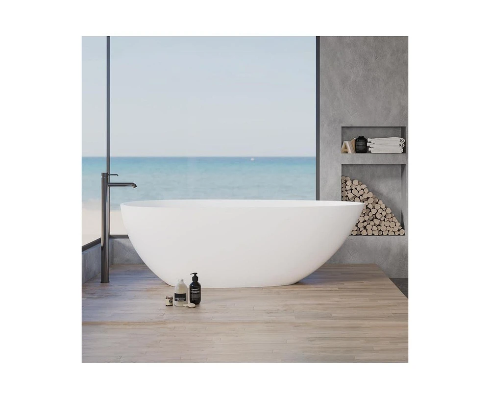 gaomon 67"Solid Surface Freestanding Bathtub, Contemporary Oval Shape Soaking Tub, Egg Shell Stone Resin Stand Alone Bathtub With Pop